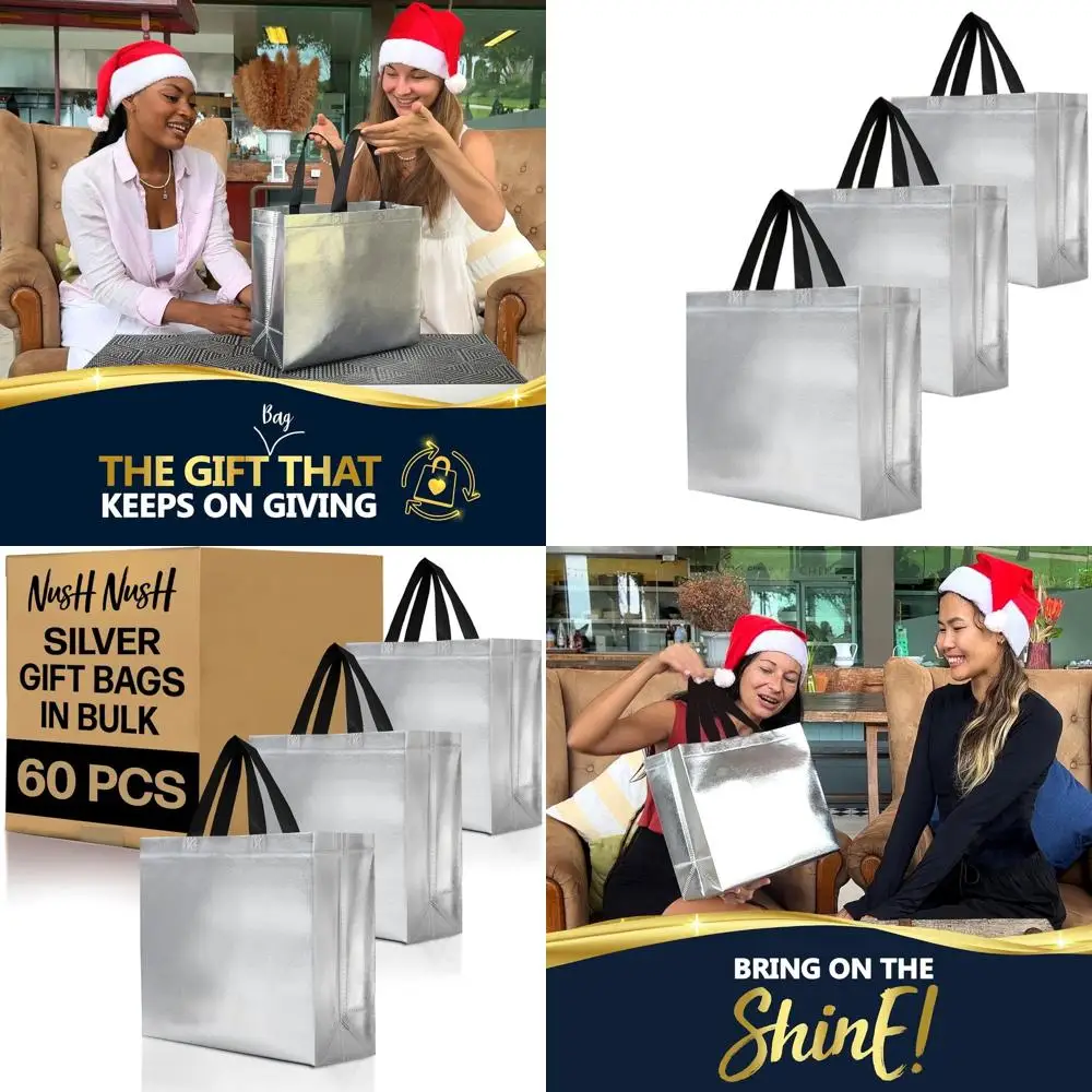60 Pack Silver Reusable Gift Bags with Handles - Perfect for Business, Parties, Holidays, and Special Events
60 Pack Silver Reusable Gift Bags with Handles - Perfect for Business, Parties, Holidays, and Special Events