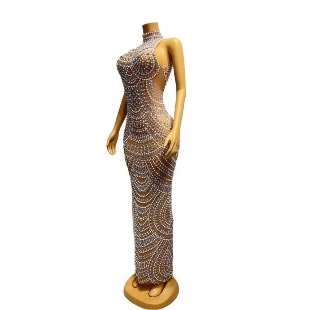 Sexy mesh hot diamond dress hollow perspective slim dress evening dress stage performance
Sexy mesh hot diamond dress hollow perspective slim dress evening dress stage performance