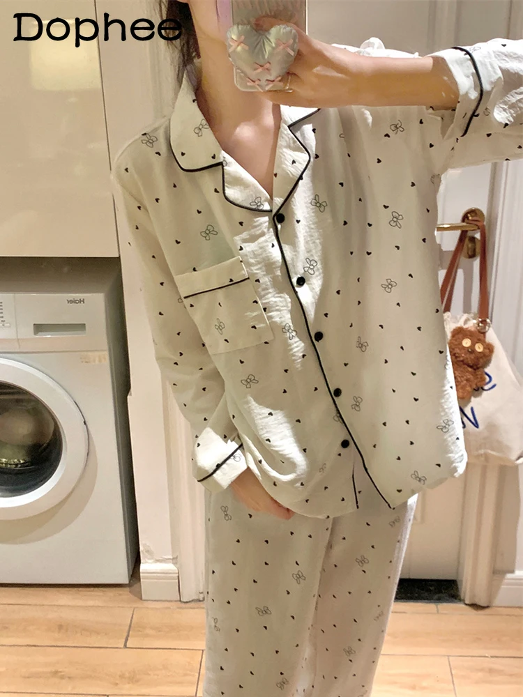 Spring and Autumn New Japanese Style Ins Sweet Girl Turn-Down Collar Long Sleeve Pajamas Casual Loose Comfortable Homewear Set 
Spring and Autumn New Japanese Style Ins Sweet Girl Turn-Down Collar Long Sleeve Pajamas Casual Loose Comfortable Homewear Set