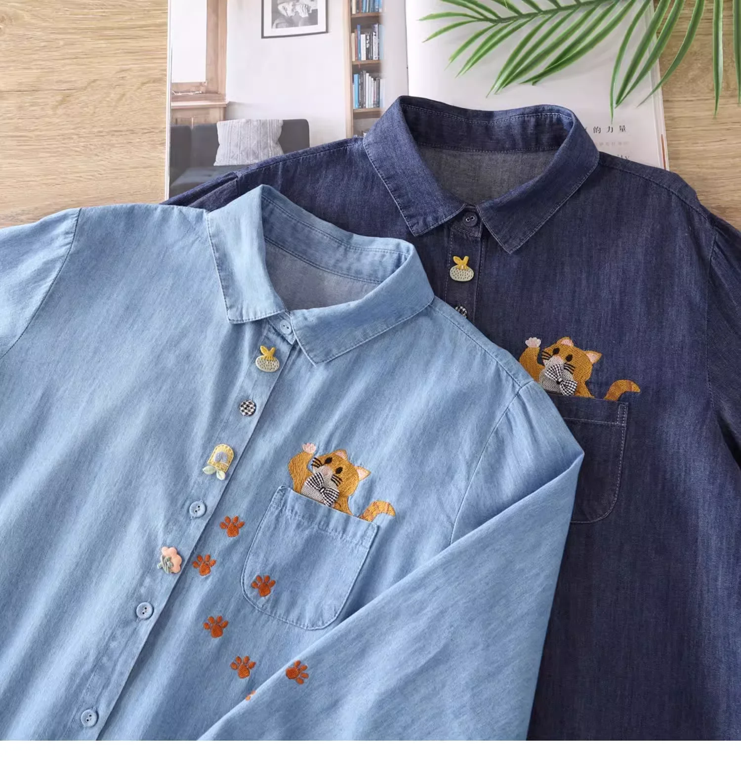 2025 Mori girl denim shirts for women autumn kawaii cartoon cat paw embroidery denim blouses long sleeve tops soft jean tops
2025 Mori girl denim shirts for women autumn kawaii cartoon cat paw embroidery denim blouses long sleeve tops soft jean tops