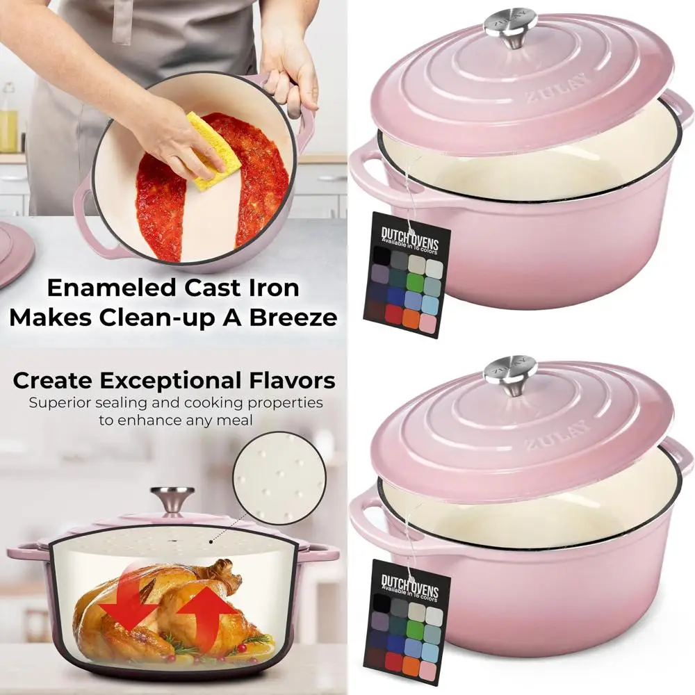 Enameled Cast Iron Dutch Oven, 6 Quarts, Oven-Safe to 500°F, Ideal for Baking, Stews, Braising, Roasting, Pink
Enameled Cast Iron Dutch Oven, 6 Quarts, Oven-Safe to 500°F, Ideal for Baking, Stews, Braising, Roasting, Pink