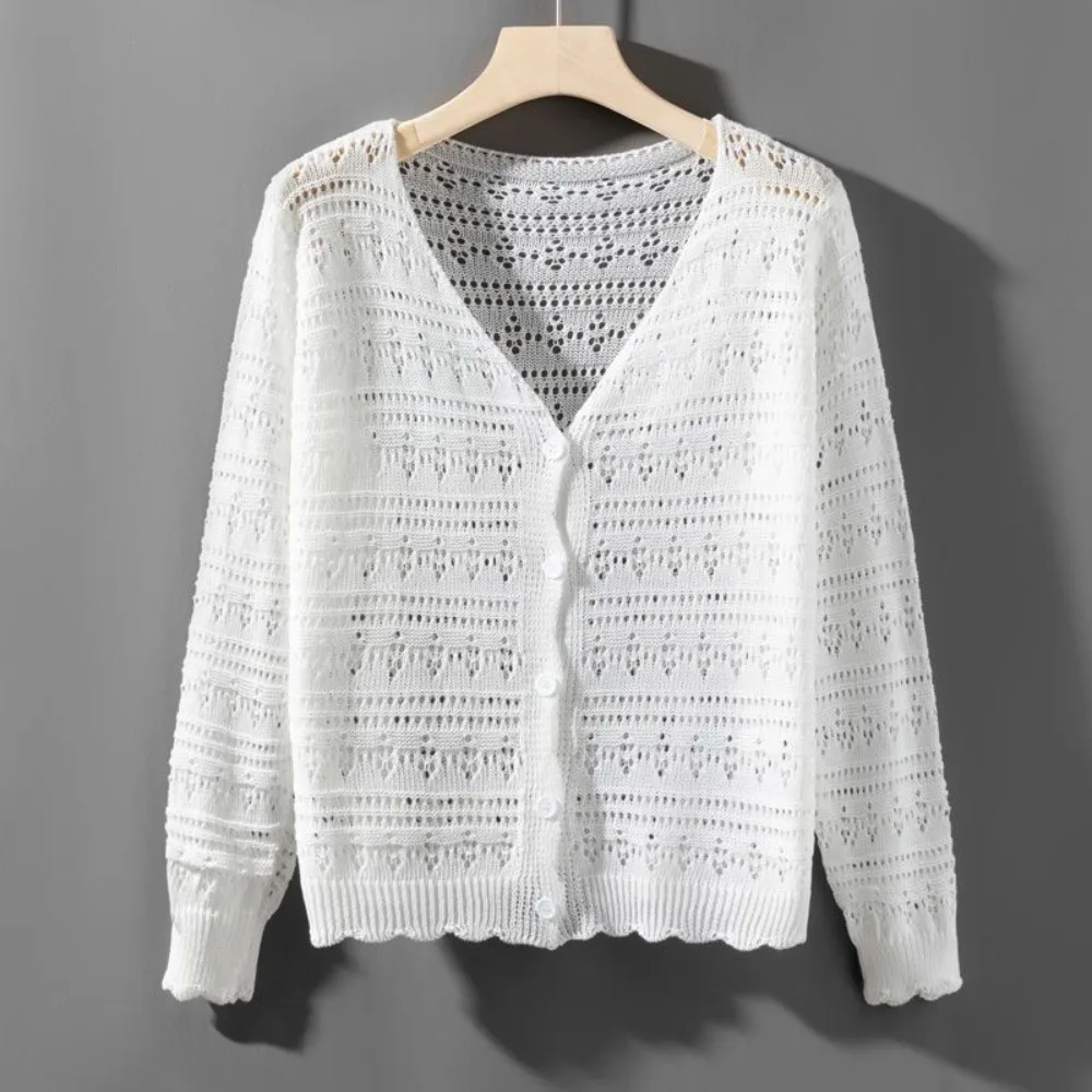 Новый ажурный вязаный кардиган, тонкие солнцезащитные топы с v-образным вырезом и длинными рукавами, повседневная верхняя одежда для женщин
Новый ажурный вязаный кардиган, тонкие солнцезащитные топы с v-образным вырезом и длинными рукавами, повседневная верхняя одежда для женщин