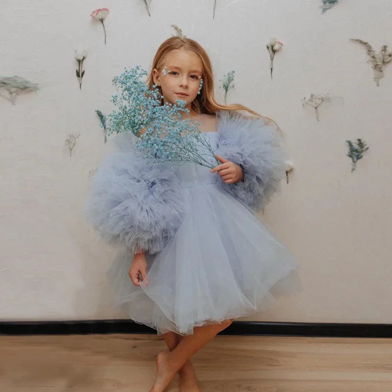 Chic Light Blue Tulle Party Dresses Girls Sheer Necklines Knee Length Kids Casual Dress Summer Ruffled Pleated Detachable Sleeve
Chic Light Blue Tulle Party Dresses Girls Sheer Necklines Knee Length Kids Casual Dress Summer Ruffled Pleated Detachable Sleeve