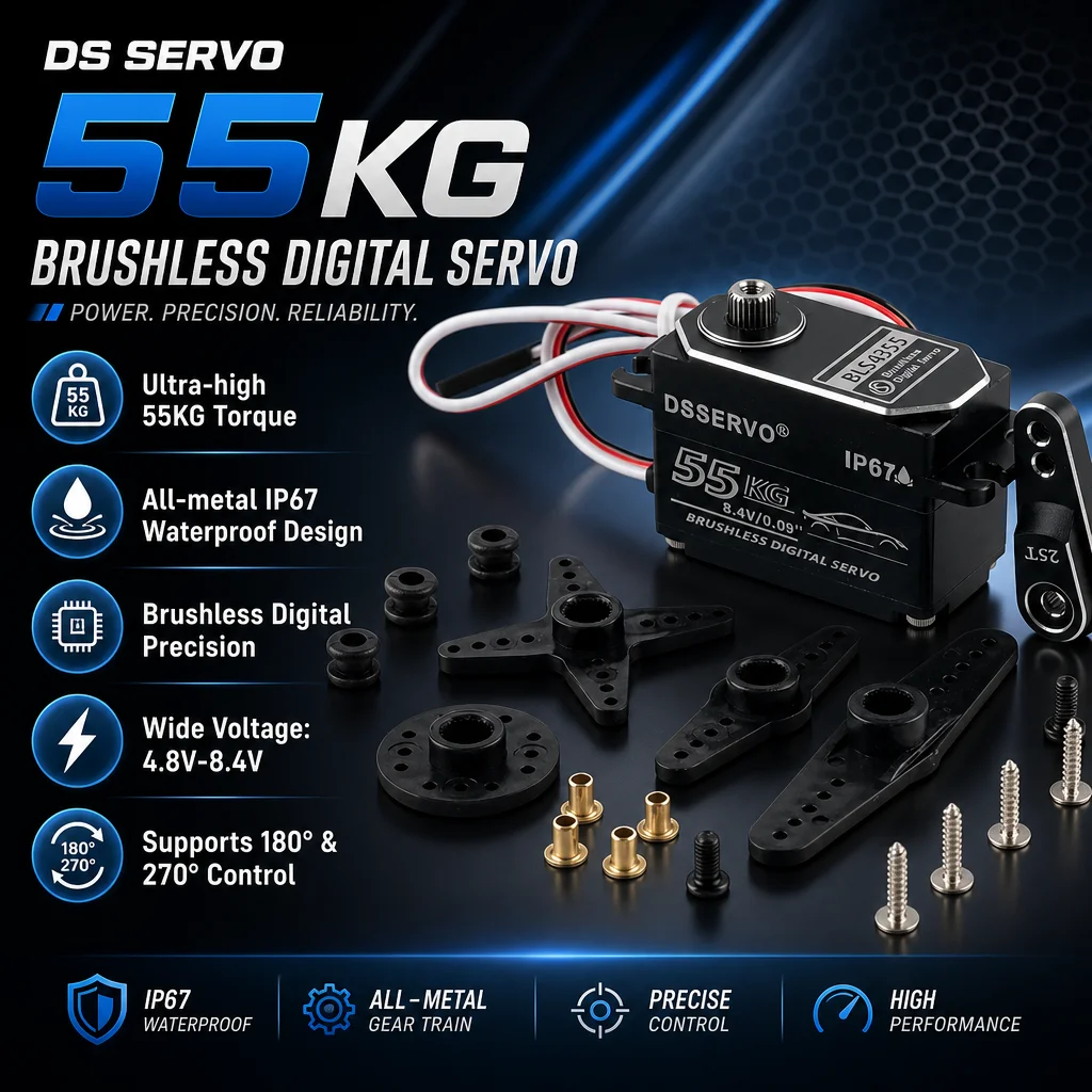 Dsservo BLS4355 55KG Low-Profile All-Metal Brushless Digital Servo for 1/8 1/10 1/12 1/14 RC Cars and Small Robots
Dsservo BLS4355 55KG Low-Profile All-Metal Brushless Digital Servo for 1/8 1/10 1/12 1/14 RC Cars and Small Robots