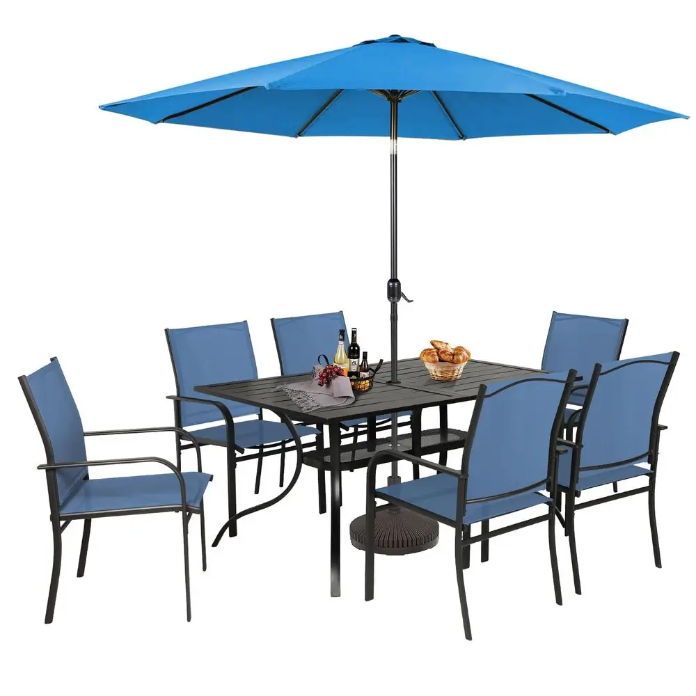 8 Piece Outdoor Dining Set, Patio Furniture Set with 6 Textilene Dinning Chairs, 1 Rectangle Metal Table and 1 Sky Blue 9Ft Pat
8 Piece Outdoor Dining Set, Patio Furniture Set with 6 Textilene Dinning Chairs, 1 Rectangle Metal Table and 1 Sky Blue 9Ft Pat