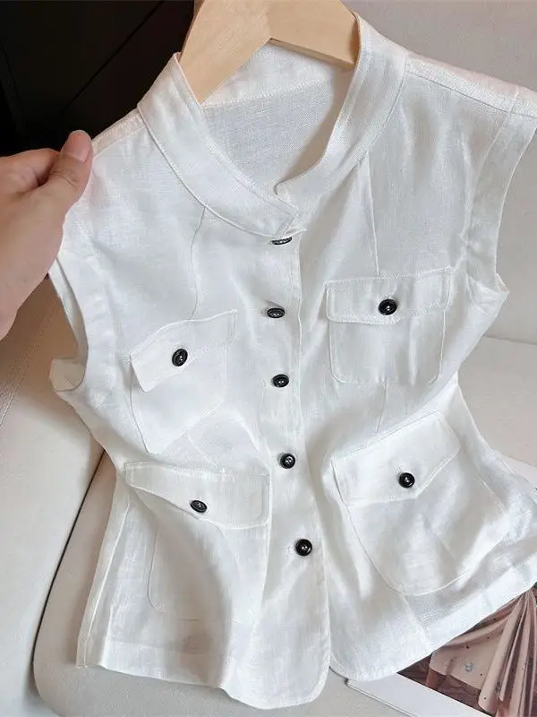 White Stand Collar Sleeveless Vest Thin Summer Top Outerwear New 2025 Elegant Money Style High End Feeling Korean Version Shirt
White Stand Collar Sleeveless Vest Thin Summer Top Outerwear New 2025 Elegant Money Style High End Feeling Korean Version Shirt