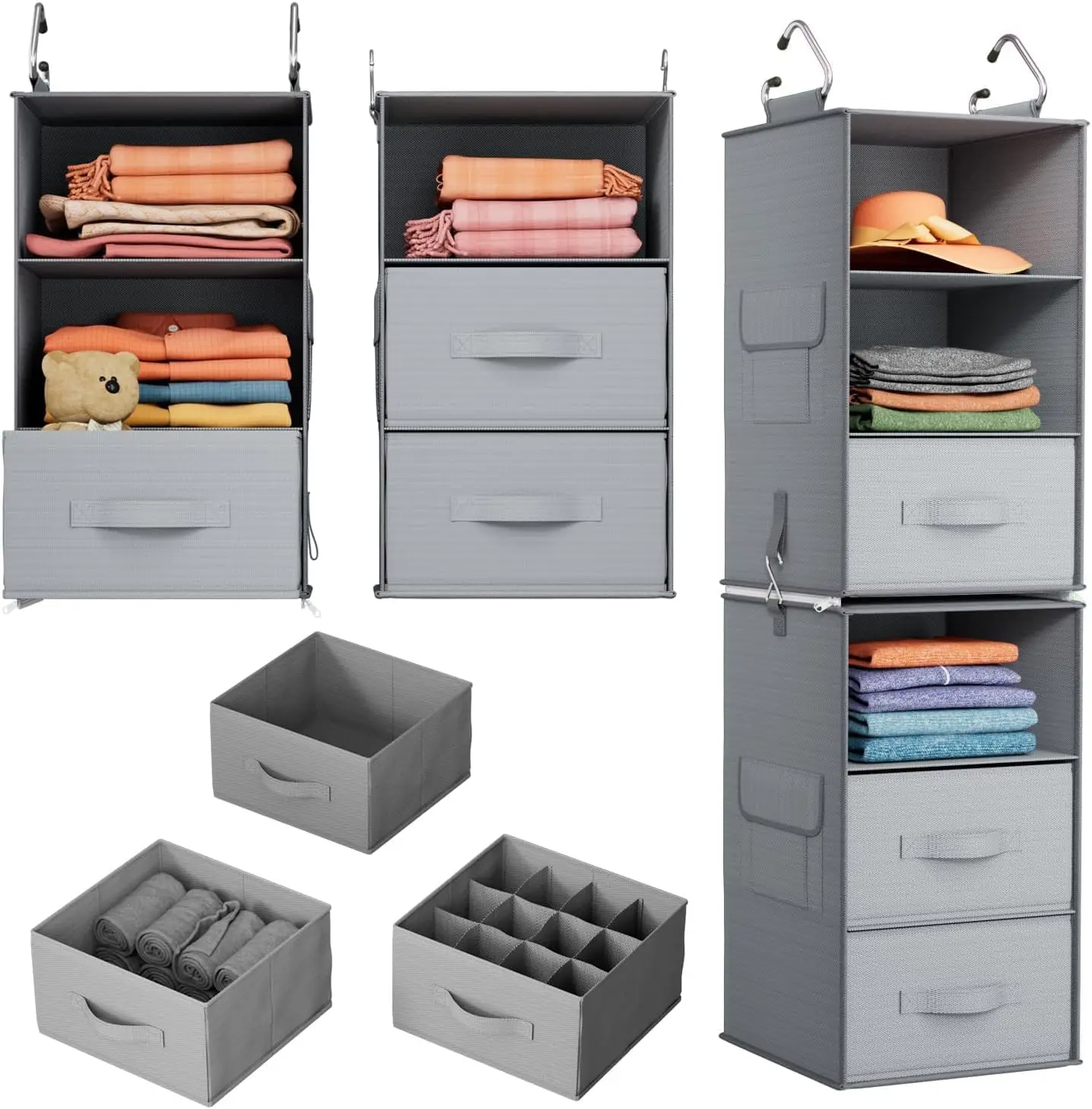 6-Shelf Hanging Closet Organizer with 3 Drawers & Side Pockets, Gray
6-Shelf Hanging Closet Organizer with 3 Drawers & Side Pockets, Gray