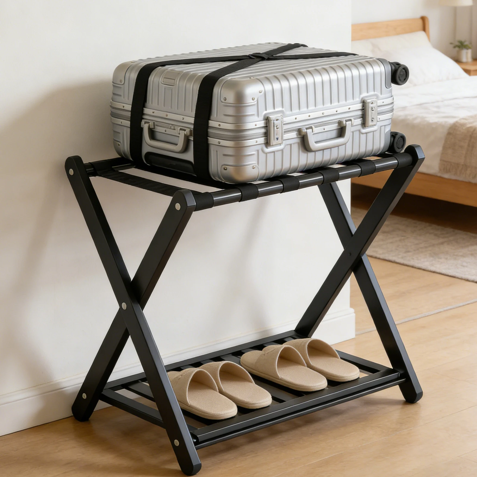 Складная утолщенная бамбуковая подставка для багажа с полкой для хранения для гостиничных номеров и спален
Складная утолщенная бамбуковая подставка для багажа с полкой для хранения для гостиничных номеров и спален