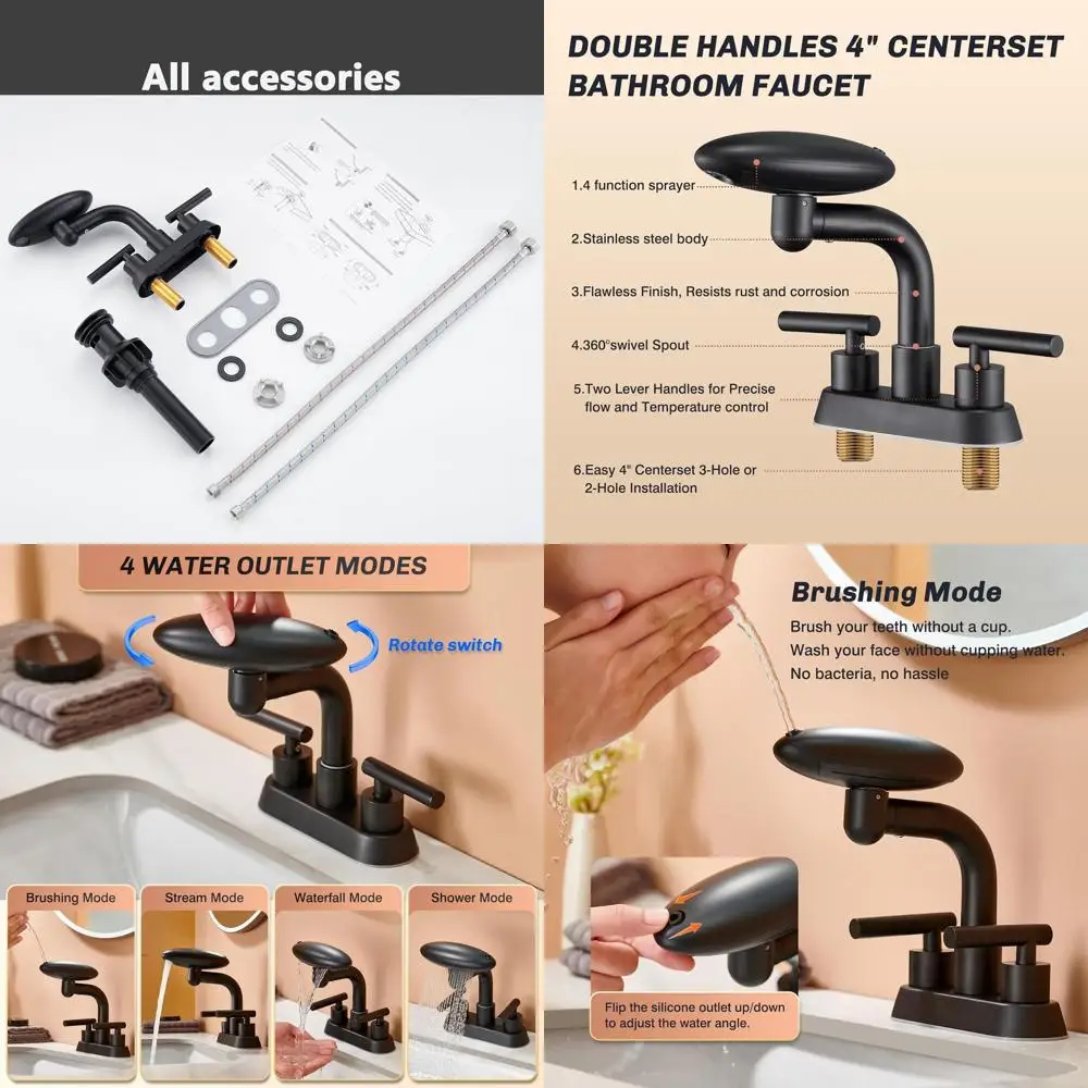 Contemporary 3-Hole 4 Centerset Faucet with Dual Handles, 4 Water Modes, 360° Swivel Spout and Pop-Up Drain for Matte Black Bath
Contemporary 3-Hole 4 Centerset Faucet with Dual Handles, 4 Water Modes, 360° Swivel Spout and Pop-Up Drain for Matte Black Bath