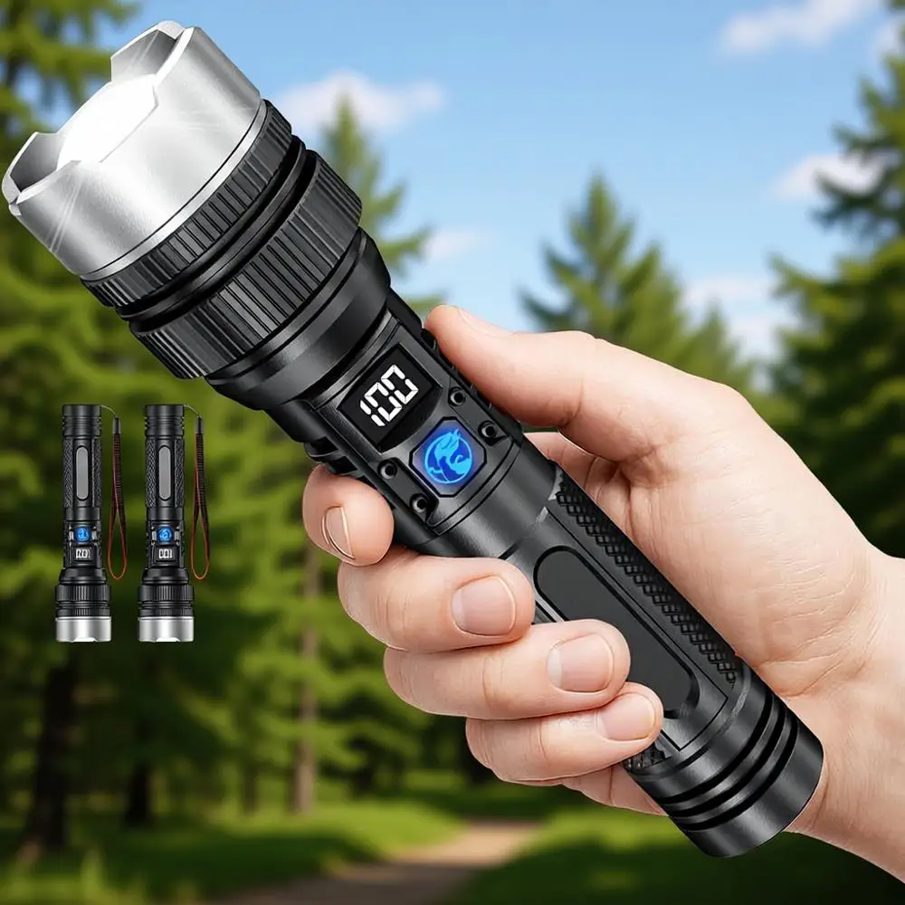 Compact 10000 Lumen Rechargeable LED Flashlight with 16-Hour Battery Life, Type-C Charging, 3 Modes, Zoom, Waterproof for Campin
Compact 10000 Lumen Rechargeable LED Flashlight with 16-Hour Battery Life, Type-C Charging, 3 Modes, Zoom, Waterproof for Campin