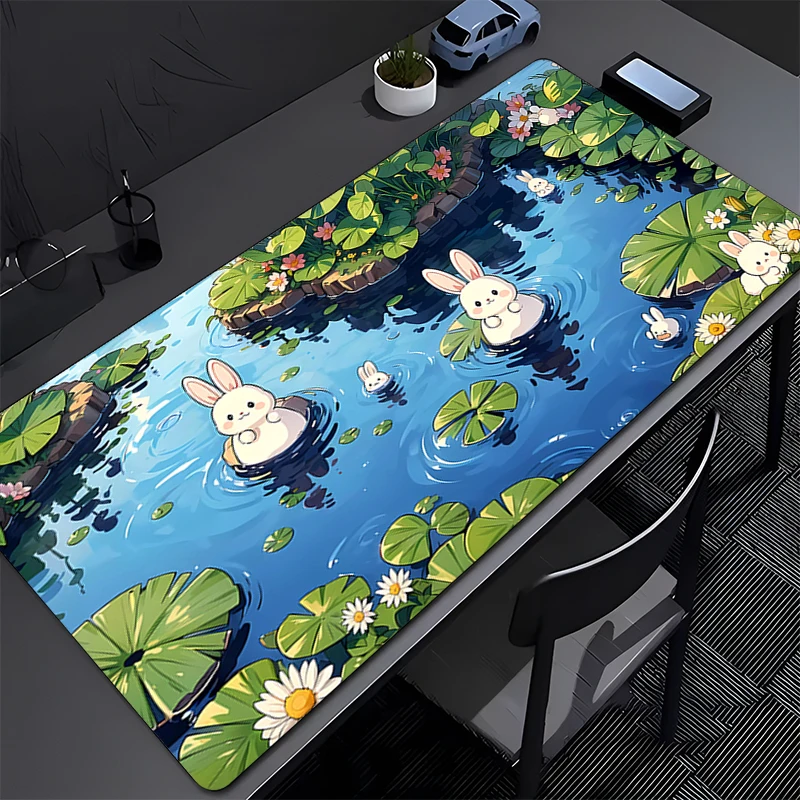 Gaming Extended Mouse Pad Gamer PC Computer Bunny Rabbit Keyboard Pad Green Plants Desktop Mat Offices Interior Accessories Rug