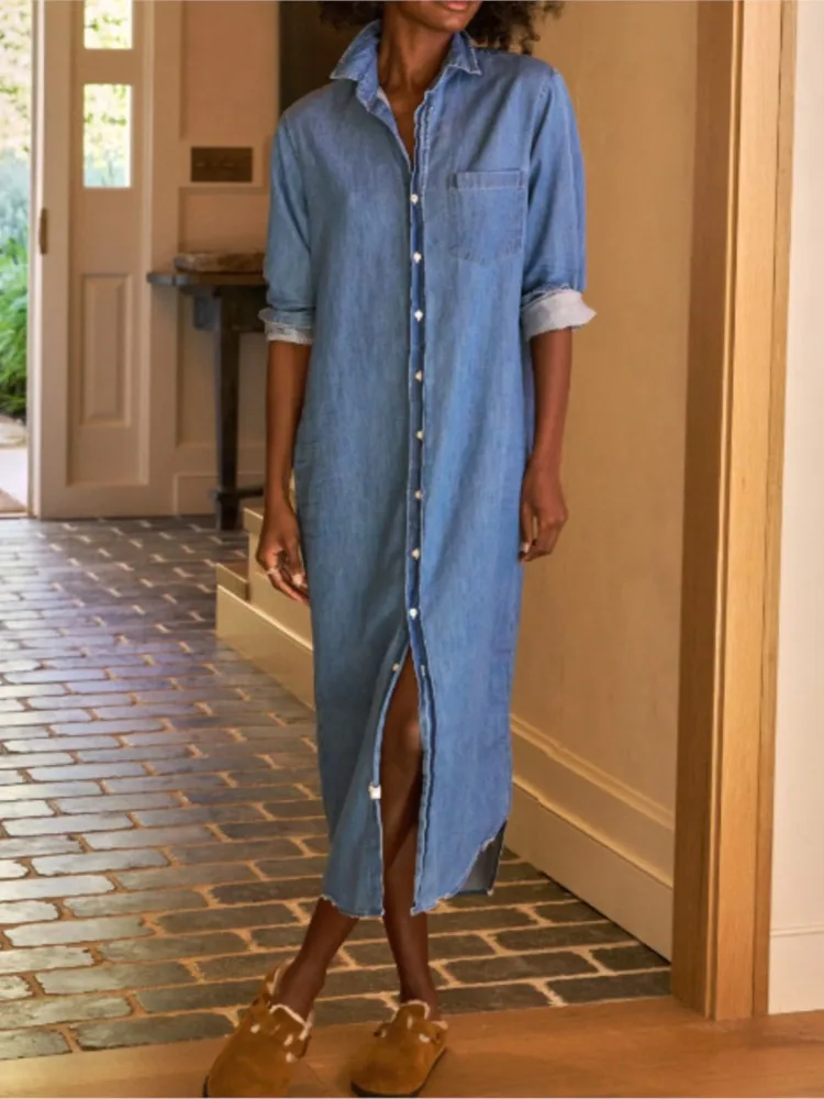 Woman's Spring Autumn Casual Denim Dress Fashion Blue Long Sleeve Turn-down Collar Button Long Dresses Ladies Office Vestidos
Woman's Spring Autumn Casual Denim Dress Fashion Blue Long Sleeve Turn-down Collar Button Long Dresses Ladies Office Vestidos