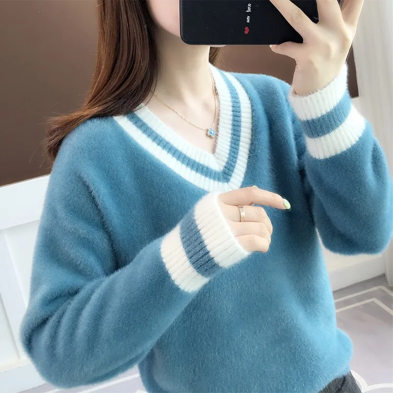 Korean Mink Cashmere Knitted Sweater Women pullover Jumpers Ladies Autumn Winter Patchwork V-Neck Long Sleeve Knit tops Female
Korean Mink Cashmere Knitted Sweater Women pullover Jumpers Ladies Autumn Winter Patchwork V-Neck Long Sleeve Knit tops Female