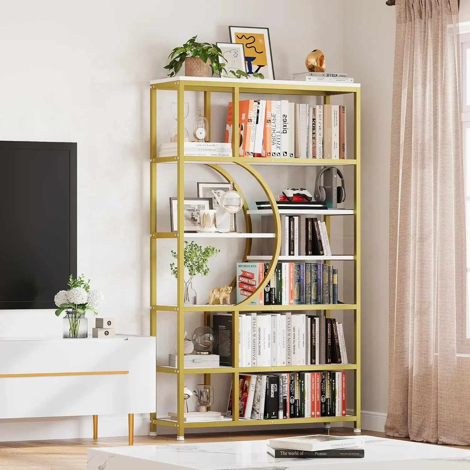 White and Gold Bookshelf, 70.9" Tall Modern Bookcase Wide Book Shelf, Open Display Storage Bookshelves for Living Room
White and Gold Bookshelf, 70.9" Tall Modern Bookcase Wide Book Shelf, Open Display Storage Bookshelves for Living Room