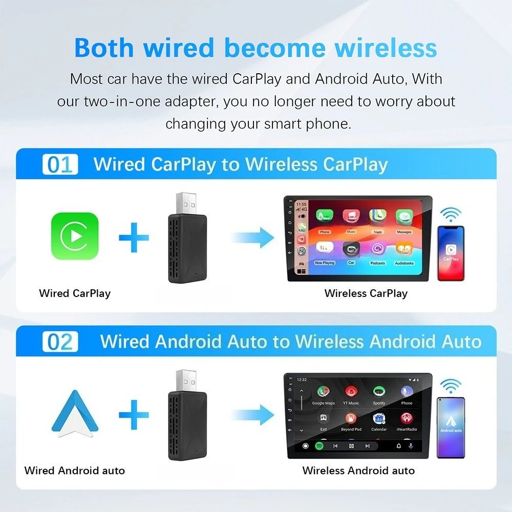 Адаптер 2-в-1 для беспроводного и проводного подключения CarPlay и Android Auto для штатных автомобильных магнитол с USB, функция Plug and Play
Адаптер 2-в-1 для беспроводного и проводного подключения CarPlay и Android Auto для штатных автомобильных магнитол с USB, функция Plug and Play