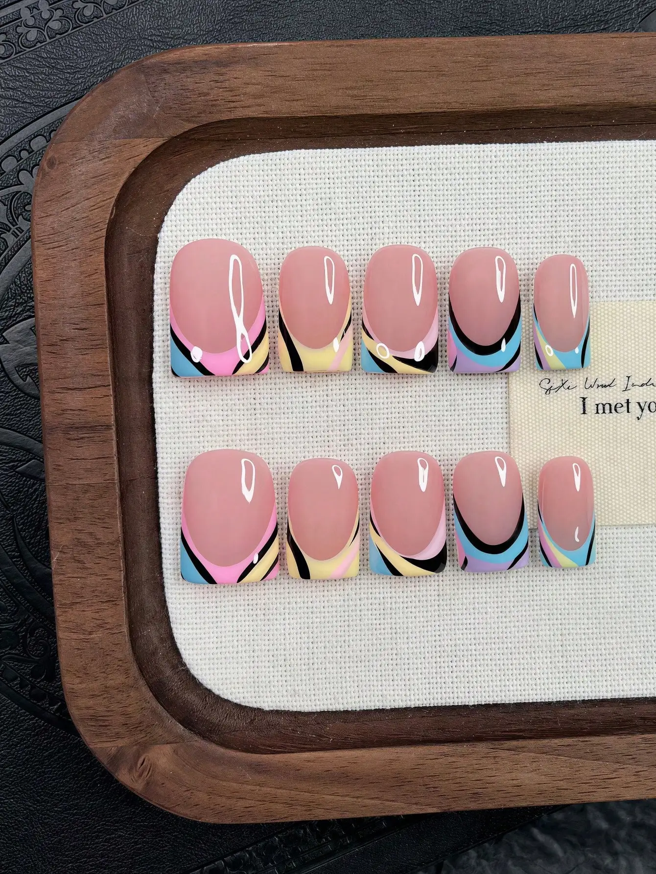 10pcs Y2K Square Press On Nails Set, Handcrafted. Pink, Blue & Yellow French Tip with Hand Drawn Colorful Stripes. Cute, Delicate & Graceful Nail Design.
10pcs Y2K Square Press On Nails Set, Handcrafted. Pink, Blue & Yellow French Tip with Hand Drawn Colorful Stripes. Cute, Delicate & Graceful Nail Design.