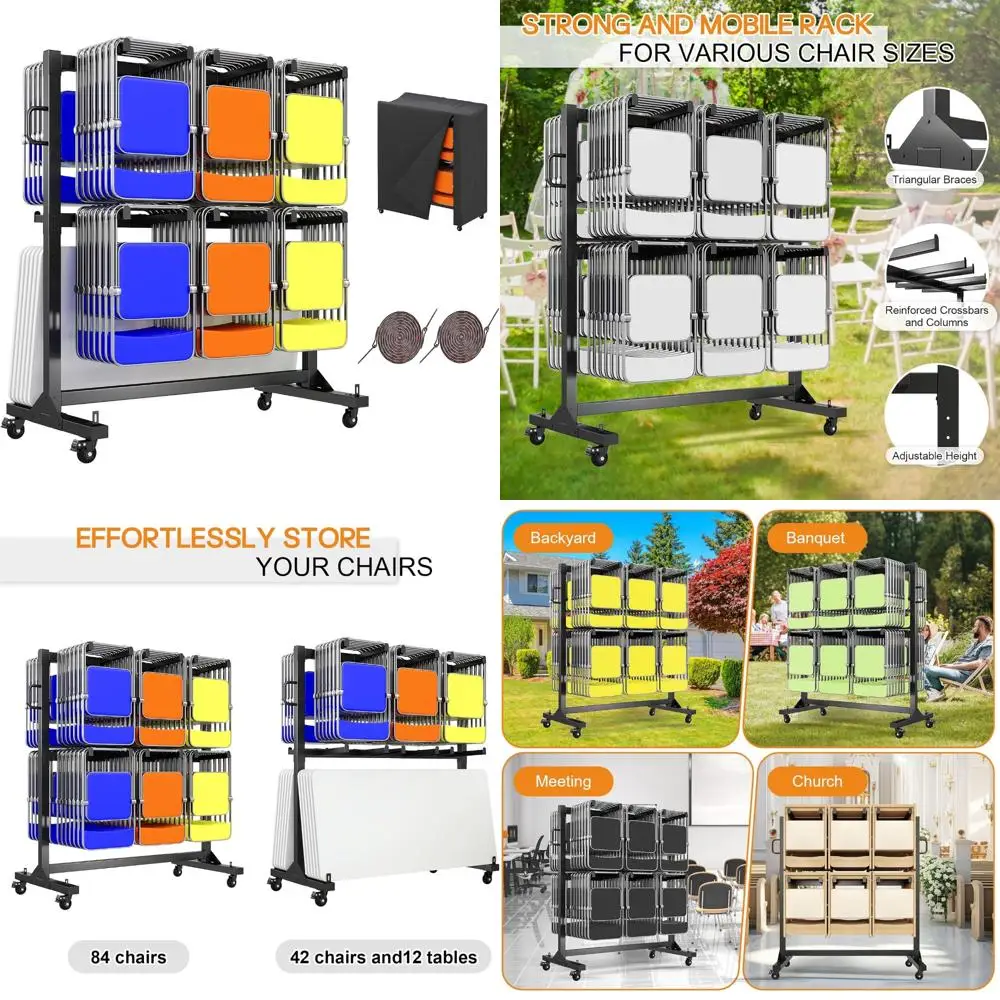 Folding Chair and Table Cart for 84 Chairs or 12 Tables, 1100 lbs Capacity, PU Wheels, Dust Cover, Elastic Cord Storage Solution
Folding Chair and Table Cart for 84 Chairs or 12 Tables, 1100 lbs Capacity, PU Wheels, Dust Cover, Elastic Cord Storage Solution