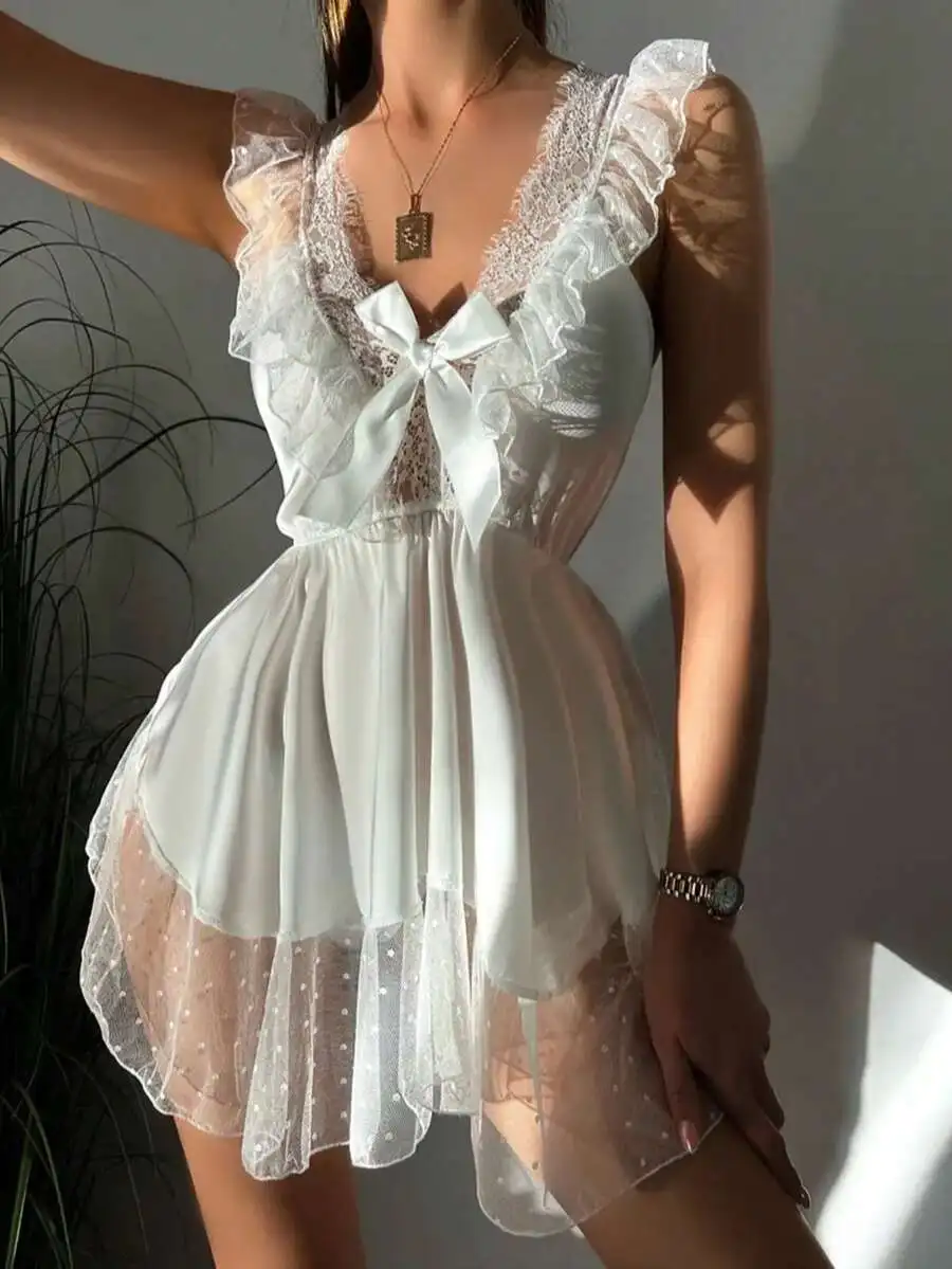 White Polka Dot Sheer Lace Sleep Dress With Bow V-Neck Ruffled Sleeveless Nightgown
White Polka Dot Sheer Lace Sleep Dress With Bow V-Neck Ruffled Sleeveless Nightgown