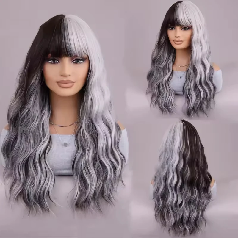17 inch high-quality synthetic wig, breathable mesh, smooth and fluffy black and white medium long wavy hair with bangs
17 inch high-quality synthetic wig, breathable mesh, smooth and fluffy black and white medium long wavy hair with bangs