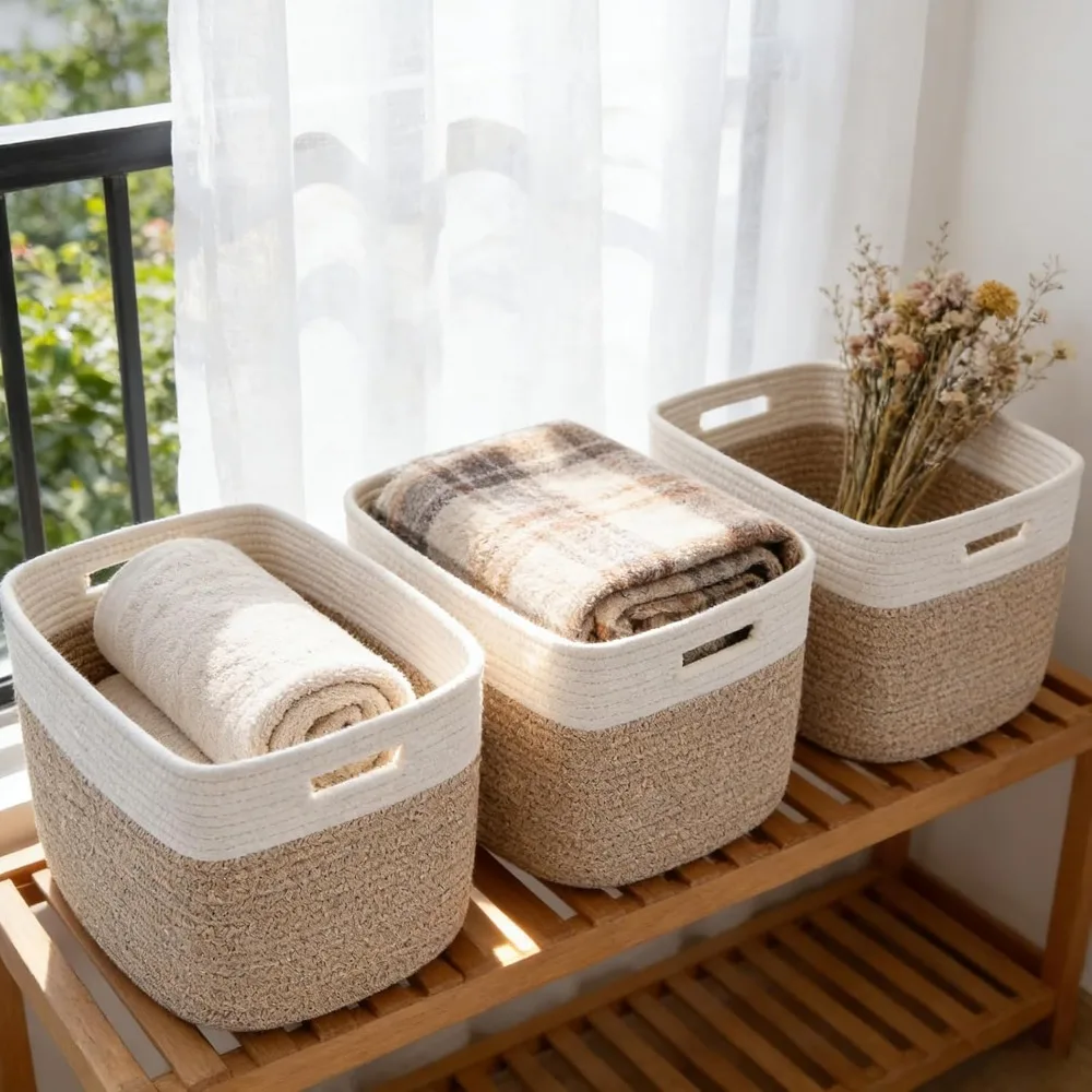 Three Pack Woven Rope Storage Baskets with Handles for Shelves Towels Books Closet Living Room Bedroom
Three Pack Woven Rope Storage Baskets with Handles for Shelves Towels Books Closet Living Room Bedroom