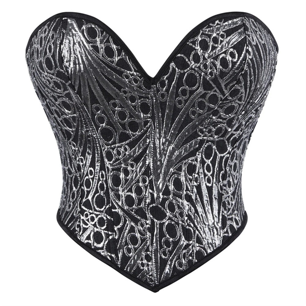 Sexy Women Overbust Corsets Crop Tops Silver Printed Corset Bustiers Lace Up Body Shaper Lingerie Gothic Corselet Short Camis
Sexy Women Overbust Corsets Crop Tops Silver Printed Corset Bustiers Lace Up Body Shaper Lingerie Gothic Corselet Short Camis