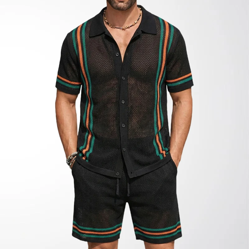 Black Hollow Out Knitting Suits Men Summer Clothing Beach Short Sleeve Knitted Polo Shirt And Shorts Two Piece Mens Sets SY0058
Black Hollow Out Knitting Suits Men Summer Clothing Beach Short Sleeve Knitted Polo Shirt And Shorts Two Piece Mens Sets SY0058