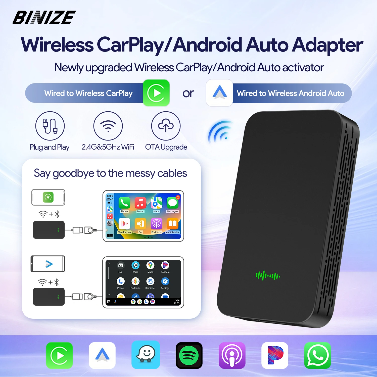 Binize Wireless CarPlay Adapter Wireless Android Auto WiFi Bluetooth Wired to Wireless For VW Ford Kia Mazda Toyota Plug & Play
Binize Wireless CarPlay Adapter Wireless Android Auto WiFi Bluetooth Wired to Wireless For VW Ford Kia Mazda Toyota Plug & Play