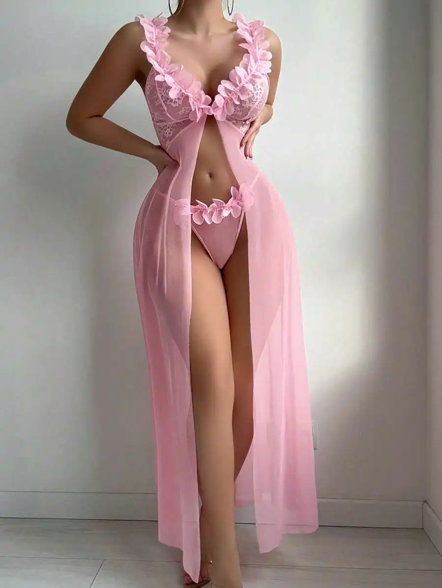 Pink Floral Lace Mesh Maxi Nightgown Set with G-String Underwear
Pink Floral Lace Mesh Maxi Nightgown Set with G-String Underwear
