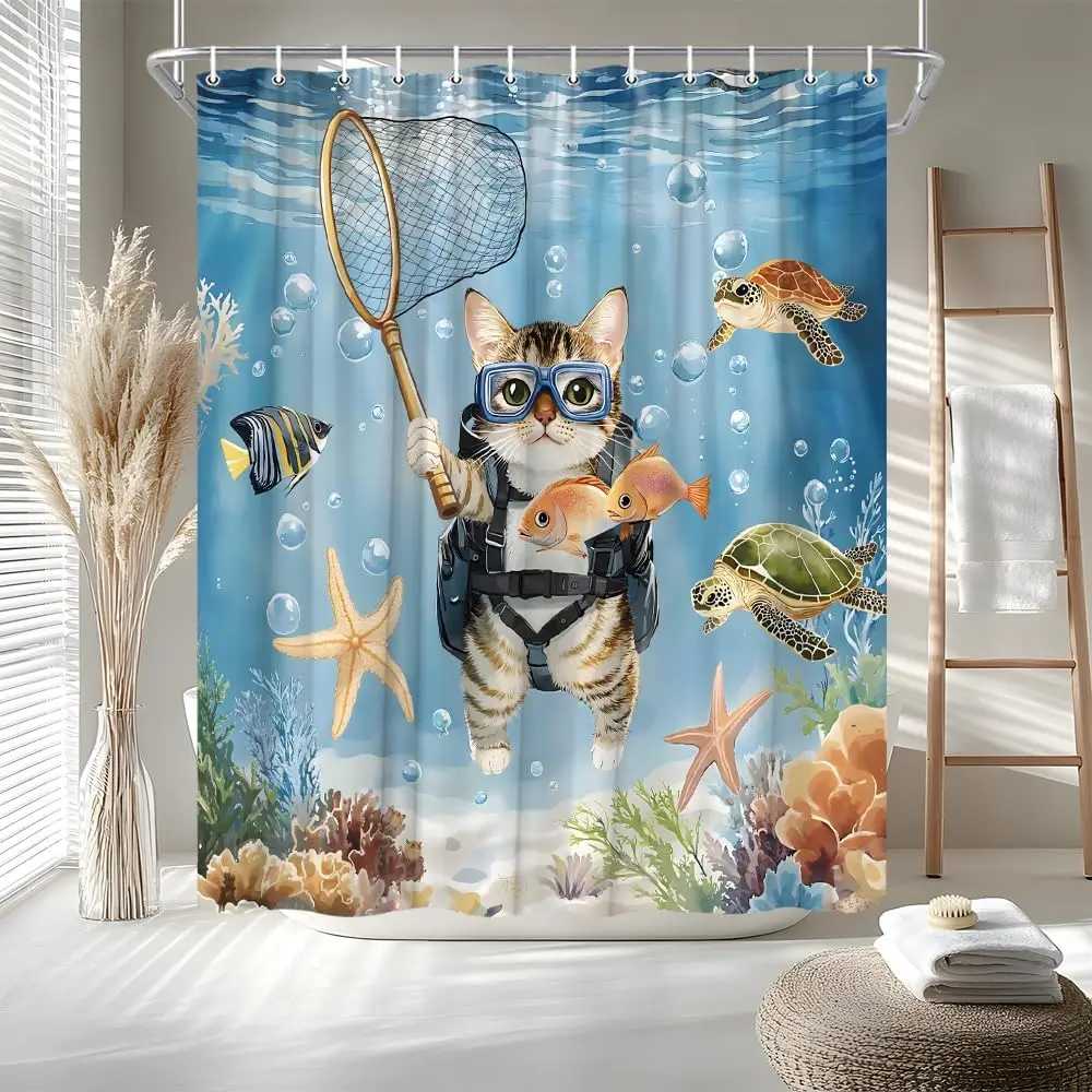 Funny Cat Shower Curtain Underwater Kitten Diving Ocean Theme with Sea Turtle and Fish Starfish Coral Nautical Marine Life Bath
Funny Cat Shower Curtain Underwater Kitten Diving Ocean Theme with Sea Turtle and Fish Starfish Coral Nautical Marine Life Bath