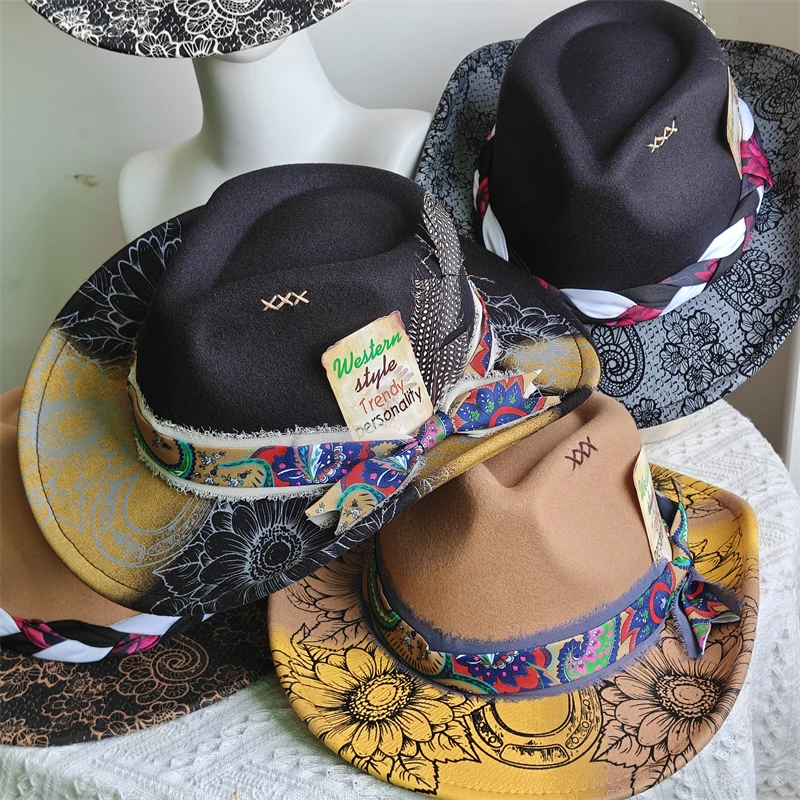 Painted Cowboy Hat Print cowboy Hat Jazz hat Suede Cowgirl fashion retro Felt hat handmade Fedora Hat Panama sombrero hombre
Painted Cowboy Hat Print cowboy Hat Jazz hat Suede Cowgirl fashion retro Felt hat handmade Fedora Hat Panama sombrero hombre