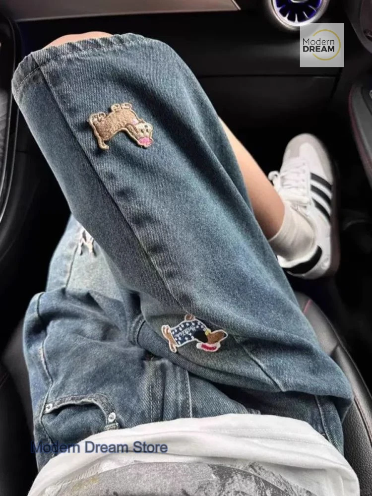 American fun puppy patch embroidered denim cropped pants women's summer design sense loose wide leg pants straight short pants.
American fun puppy patch embroidered denim cropped pants women's summer design sense loose wide leg pants straight short pants.