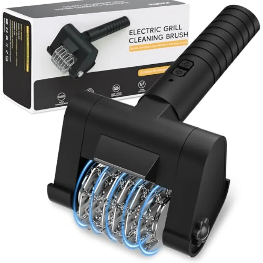 Electric grill cleaning brush for outdoor BBQ use, stainless steel bristles, black color, 450 RPM motor with removable head, Ty
Electric grill cleaning brush for outdoor BBQ use, stainless steel bristles, black color, 450 RPM motor with removable head, Ty