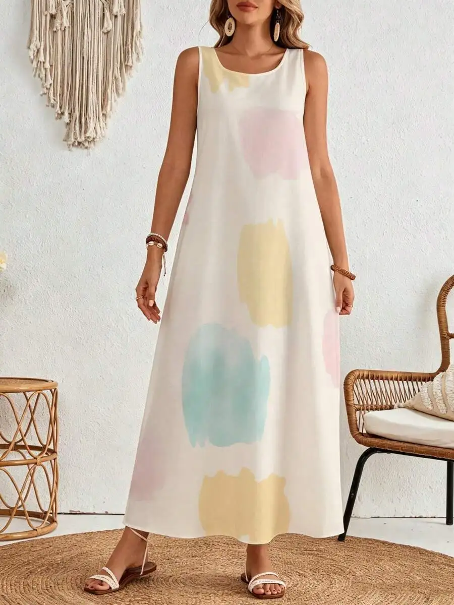 Sleeveless Maxi Dress Cream Watercolor Print Summer Beach Wear Women Fashion
Sleeveless Maxi Dress Cream Watercolor Print Summer Beach Wear Women Fashion