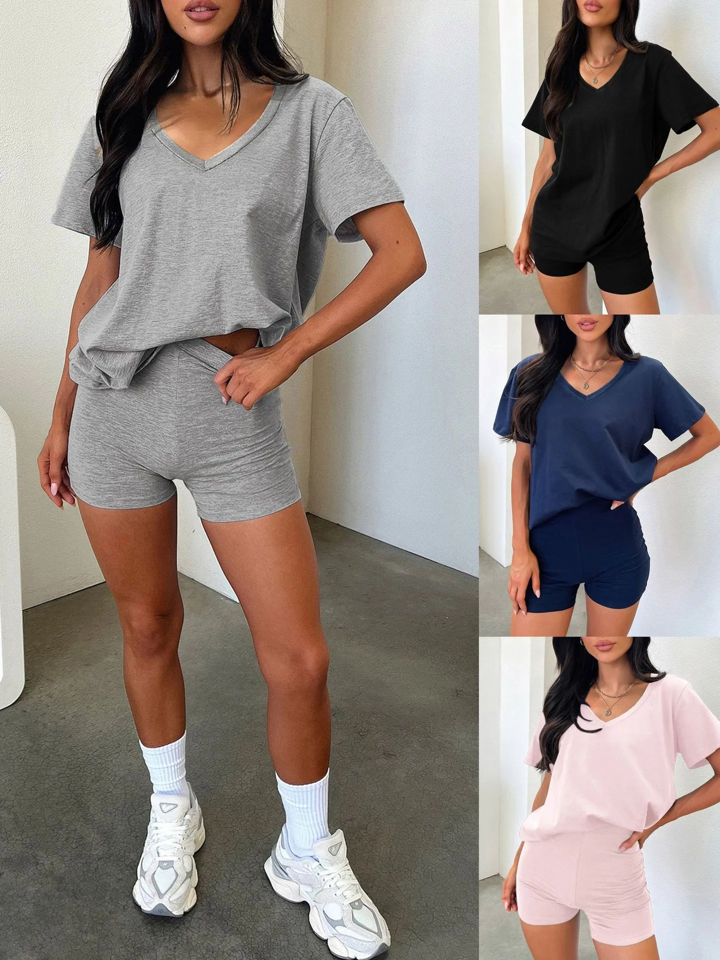 Women's 2-piece Set Shorts V Neck Top Solid Color Summer Shorts High Waist Light Gray Two Piece Set Navy Blue Shorts Ensemble
Women's 2-piece Set Shorts V Neck Top Solid Color Summer Shorts High Waist Light Gray Two Piece Set Navy Blue Shorts Ensemble