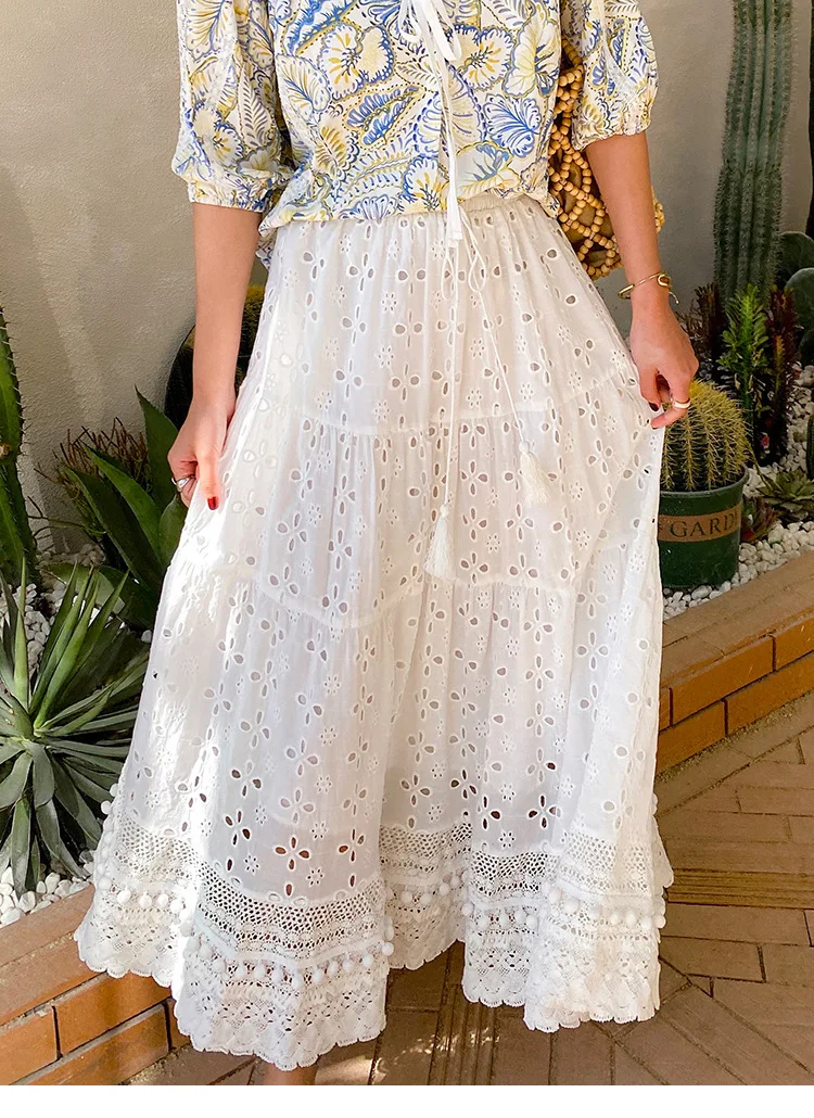 Women Boho Ruffle Maxi Skirt Elastic Waist Hollow Out Eyelet Midi Skirt A-Line Flowy Skirt for Beach Holiday
Women Boho Ruffle Maxi Skirt Elastic Waist Hollow Out Eyelet Midi Skirt A-Line Flowy Skirt for Beach Holiday