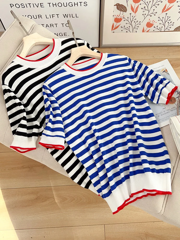 Pure Cotton Striped ort Sve T-irt Women's round Ne Overhead Faion Loose f Sve Vest ort Knitted Top Summer
Pure Cotton Striped ort Sve T-irt Women's round Ne Overhead Faion Loose f Sve Vest ort Knitted Top Summer