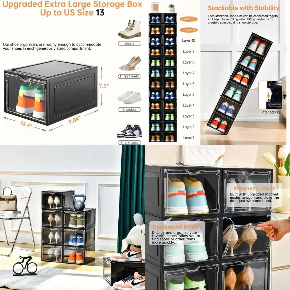 Clear Plastic Stackable Shoe Boxes, 12-Pack, Drop Front Design, Shoe Organizer for Display, Fits US Size 13, Black
Clear Plastic Stackable Shoe Boxes, 12-Pack, Drop Front Design, Shoe Organizer for Display, Fits US Size 13, Black