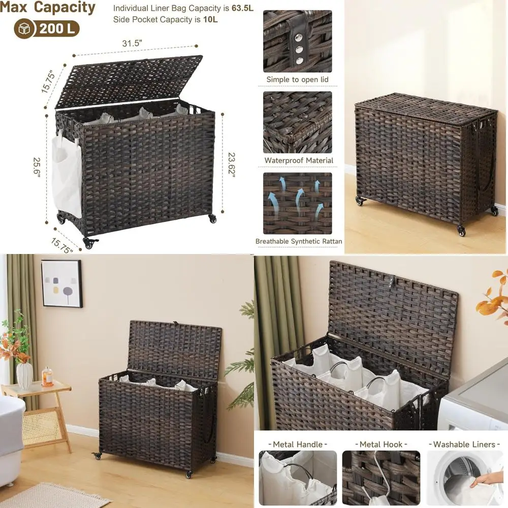 3-секционная корзина для белья из ротанга на колесиках 52,8 галлонов с крышкой, съемными вкладышами и сетчатыми пакетами, коричневая
3-секционная корзина для белья из ротанга на колесиках 52,8 галлонов с крышкой, съемными вкладышами и сетчатыми пакетами, коричневая