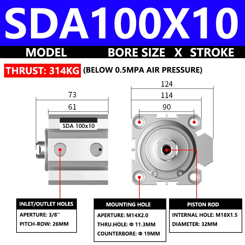 ABILKEEN SDA100X10 SDA Series Thin Air Cylinder 100MM Female Thread Bore X 10MM Stroke Double Acting Pneumatic Compact Cylinder
ABILKEEN SDA100X10 SDA Series Thin Air Cylinder 100MM Female Thread Bore X 10MM Stroke Double Acting Pneumatic Compact Cylinder