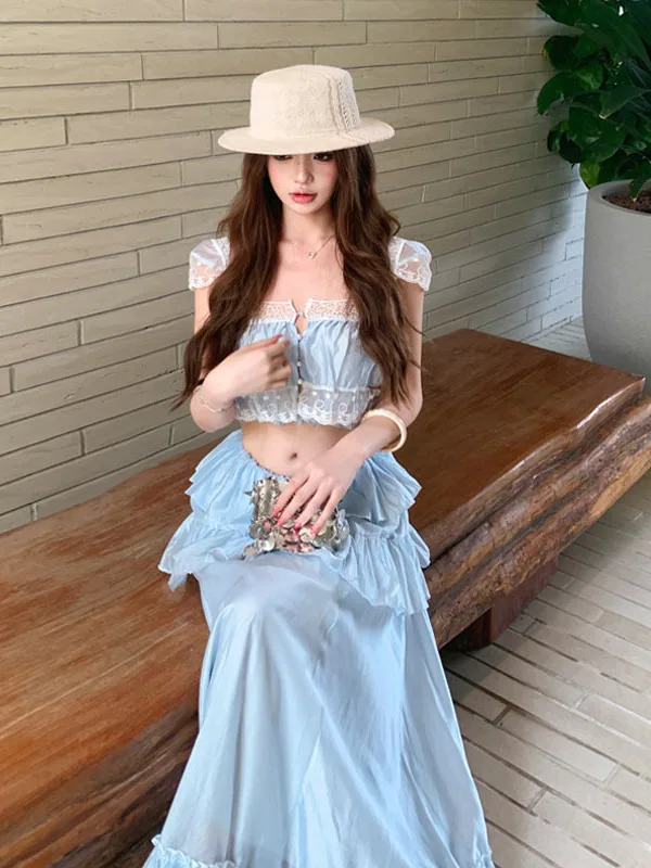 Loose Two-Piece Blue Summer Outfit Set with Ruffle Hem Separate Skirt And Top Vintage Style Casual Wear for Women
Loose Two-Piece Blue Summer Outfit Set with Ruffle Hem Separate Skirt And Top Vintage Style Casual Wear for Women