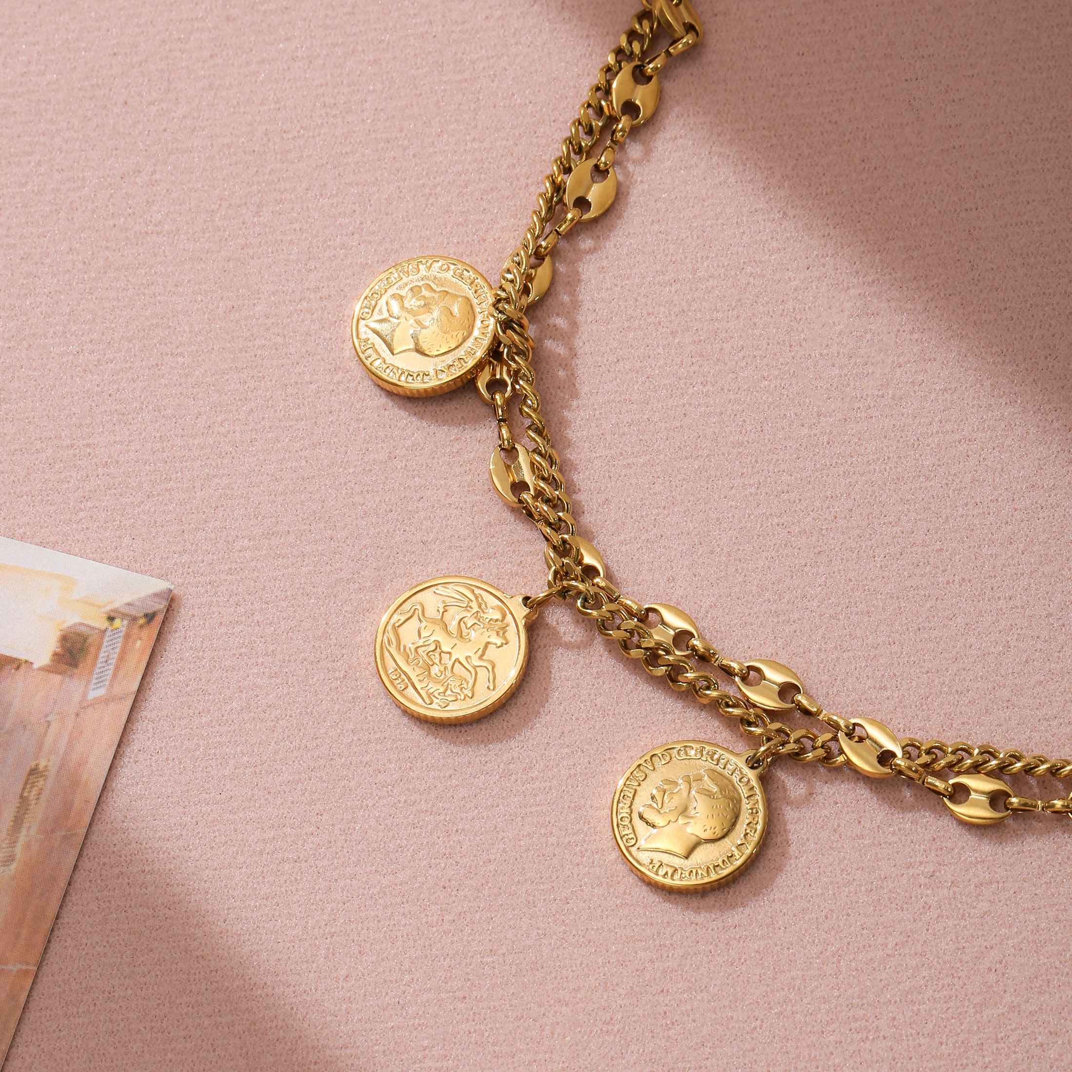 Golden Tone Stainless Steel Double-Layer Coin Charm Bracelet for Women
Golden Tone Stainless Steel Double-Layer Coin Charm Bracelet for Women