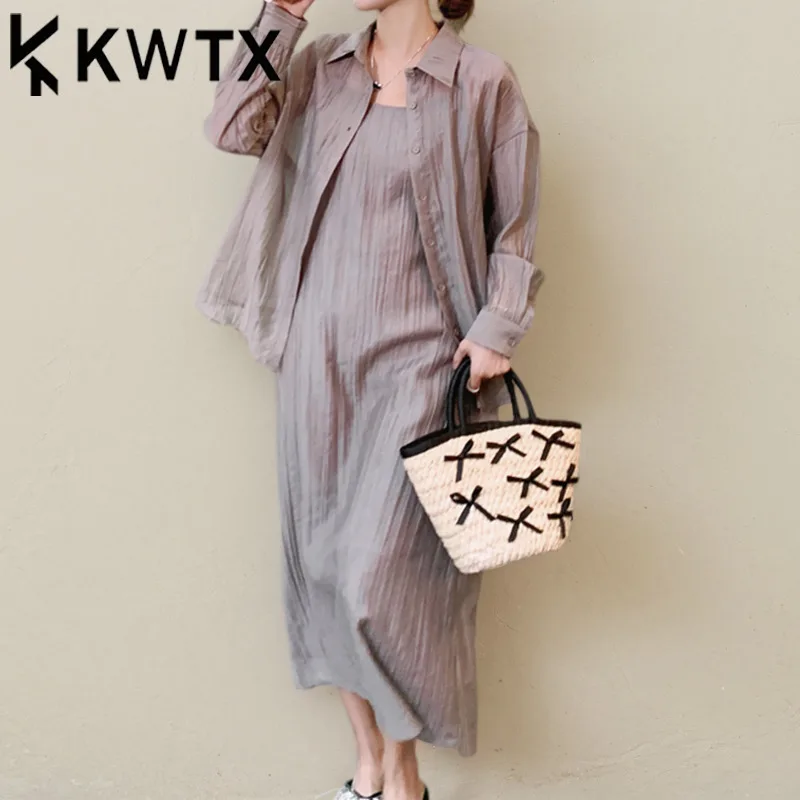KWTX Elegant Gray 2 Piece Set Women's Shirt & Slip Dress Rayon Pleated Summer Outfit Casual Chic Ladies Suit 2025 Fashion
KWTX Elegant Gray 2 Piece Set Women's Shirt & Slip Dress Rayon Pleated Summer Outfit Casual Chic Ladies Suit 2025 Fashion