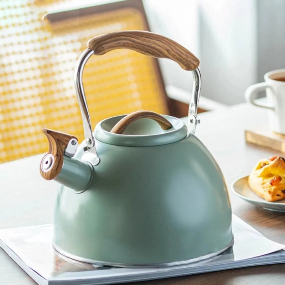 Light Green Whistling Teapot 3L Capacity Stainless Steel Flat Bottom Teapot Wood Pattern Handle Whistling Tea Kettle Home Use
Light Green Whistling Teapot 3L Capacity Stainless Steel Flat Bottom Teapot Wood Pattern Handle Whistling Tea Kettle Home Use