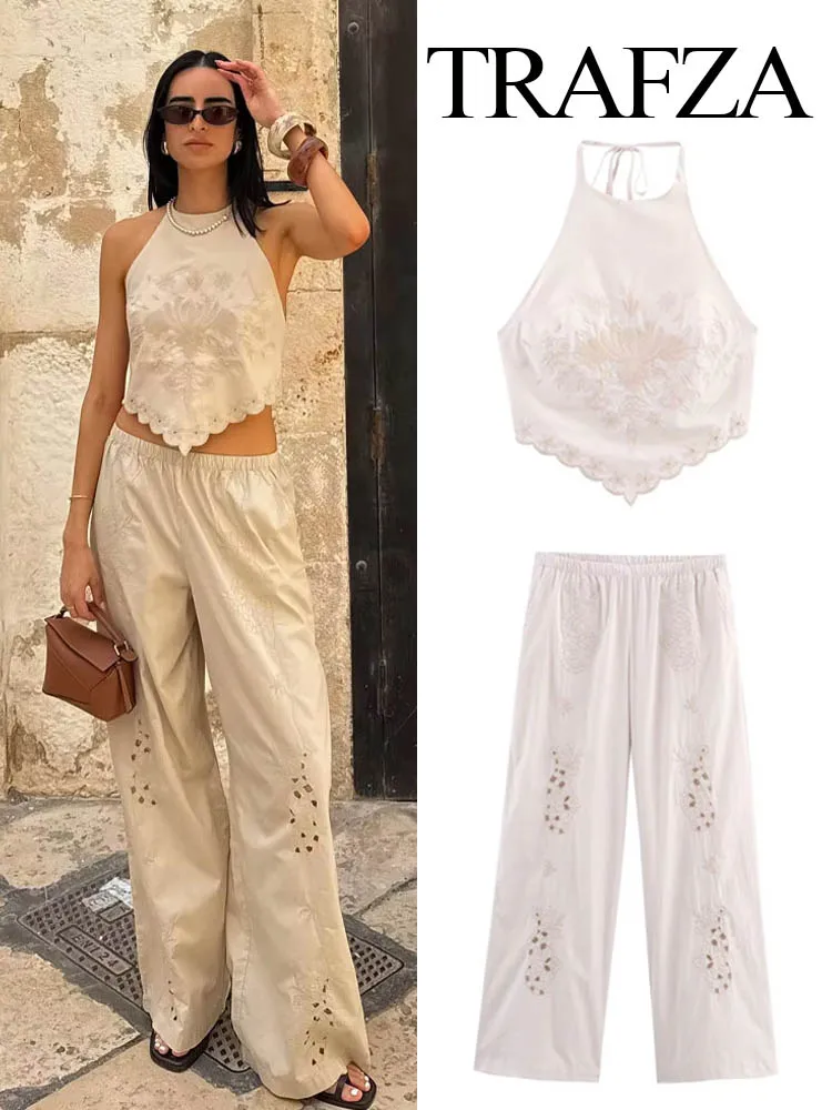 TRAFZA Women 2-Piece Set Chic Embroidery Neck Halter Design Sexy Backless Short Top+Elastic Waist Side Pocket Casual Long Pants
TRAFZA Women 2-Piece Set Chic Embroidery Neck Halter Design Sexy Backless Short Top+Elastic Waist Side Pocket Casual Long Pants