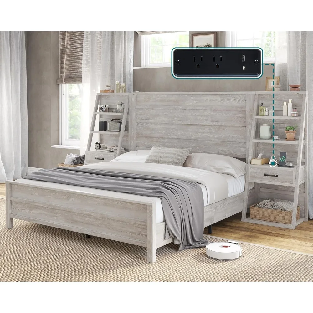 Queen Bed Frame with 98" W Headboard and 4-Tier Bookshelves, Farmhouse Platform Bed with Charging Station & 2 Drawers, Noise-Fr
Queen Bed Frame with 98" W Headboard and 4-Tier Bookshelves, Farmhouse Platform Bed with Charging Station & 2 Drawers, Noise-Fr