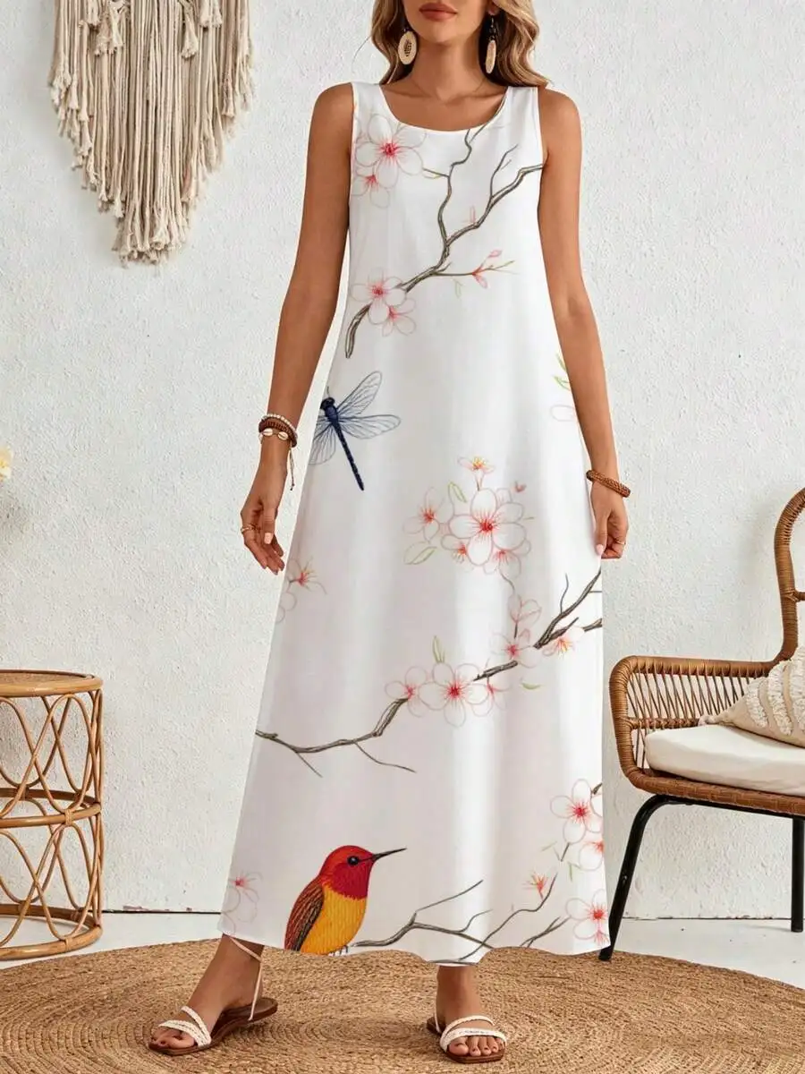 Sleeveless Maxi Dress White Floral Bird Dragonfly Print Summer Beach Vacation
Sleeveless Maxi Dress White Floral Bird Dragonfly Print Summer Beach Vacation