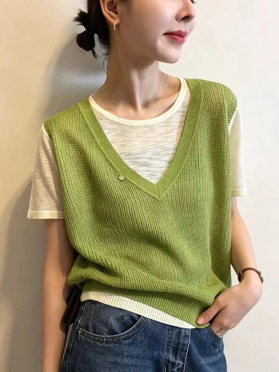 Color Block Linen Knitwear Women's Casual Loose Short Sleeve V-Neck Top Versatile Slimming Fake Two-Piece Knitted Vest
Color Block Linen Knitwear Women's Casual Loose Short Sleeve V-Neck Top Versatile Slimming Fake Two-Piece Knitted Vest