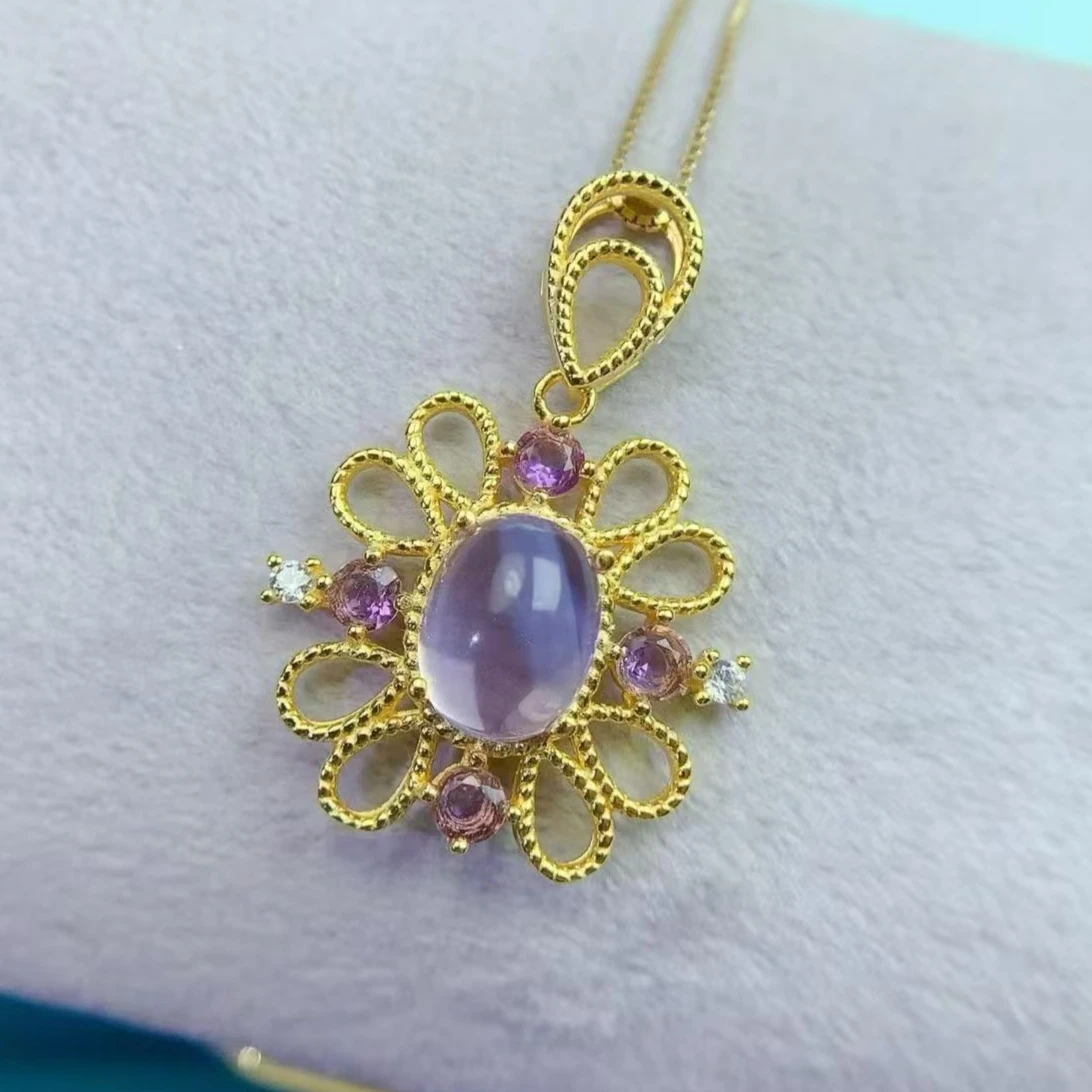 Natural Amethyst Pendant 925 Silver, 18K Gold-Plated Hollow Flower Design with Oval Cabochon Gemstone Fine Jewelry for Women
Natural Amethyst Pendant 925 Silver, 18K Gold-Plated Hollow Flower Design with Oval Cabochon Gemstone Fine Jewelry for Women