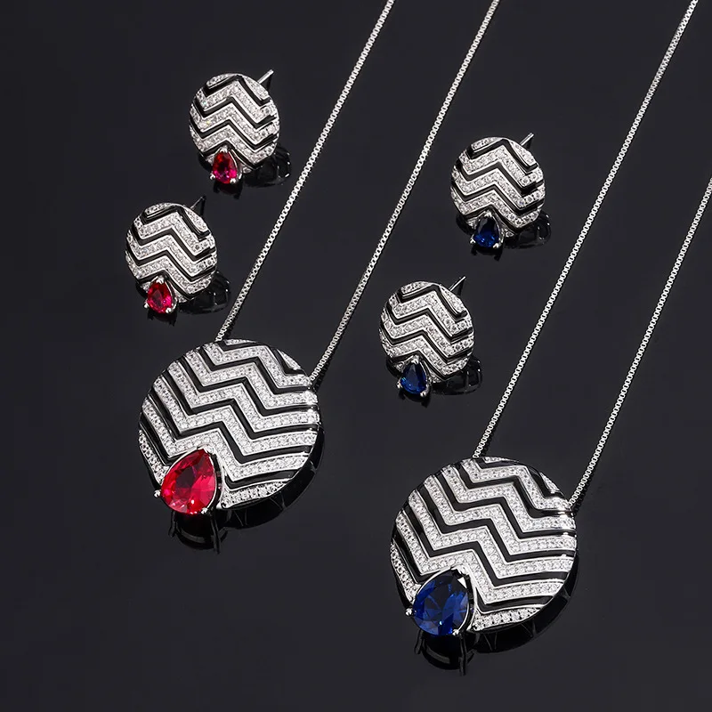 European and American Jewelry Set Red Corundum Wave Earrings Light Luxury Temperament Blue Sapphire Necklace Pendant
European and American Jewelry Set Red Corundum Wave Earrings Light Luxury Temperament Blue Sapphire Necklace Pendant