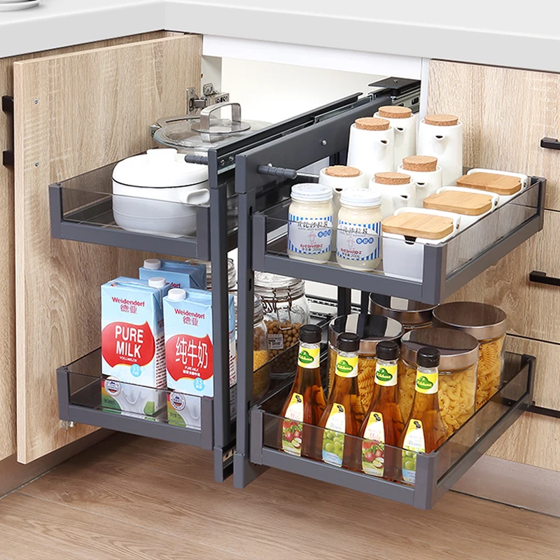 Corner Basket Kitchen Cabinet, Rotating Pull-out Double-layer Drawer Storage Rack, Condiments Corner Basket